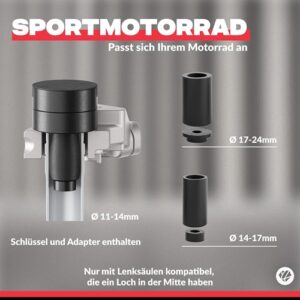 Vordergrund: Sportmotorrad Handyhalterung, passt auf Lenksäulen mit 11-14mm und 14-17mm Durchmesser, inklusive Schlüssel und Adapter.